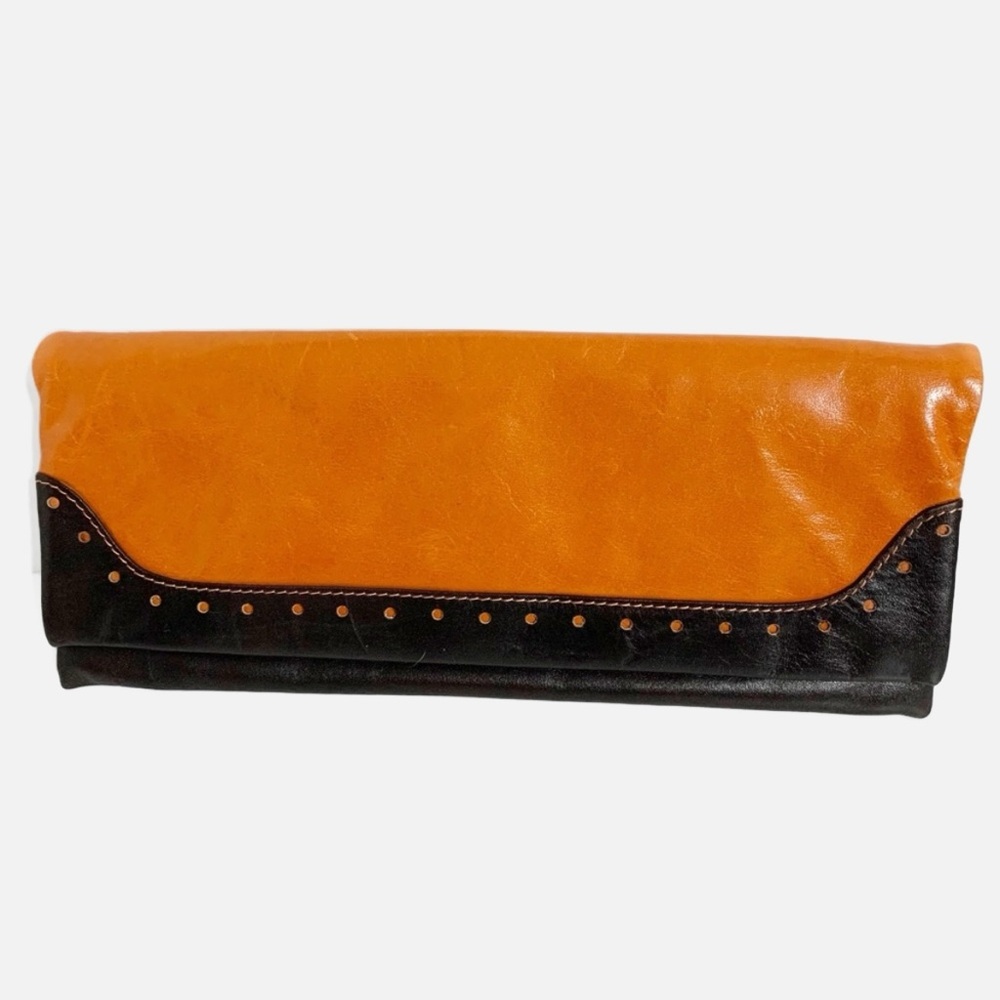 Vintage Unbranded Leather Clutch Wallet Circle Cutouts Contrasting Stitching